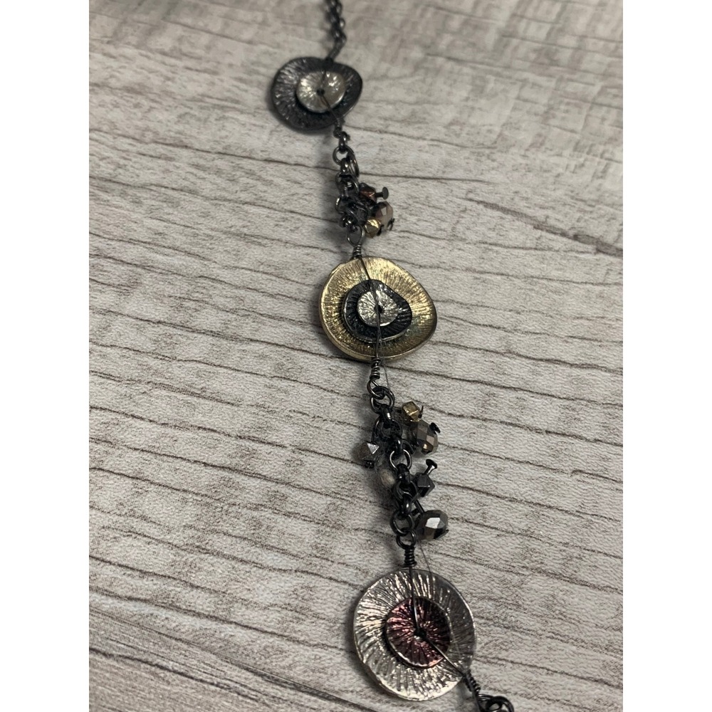 Napier Mixed Metal Textured Disc Y-Necklace Gunmetal Tone Beaded Drop Statement - Picture 7 of 10